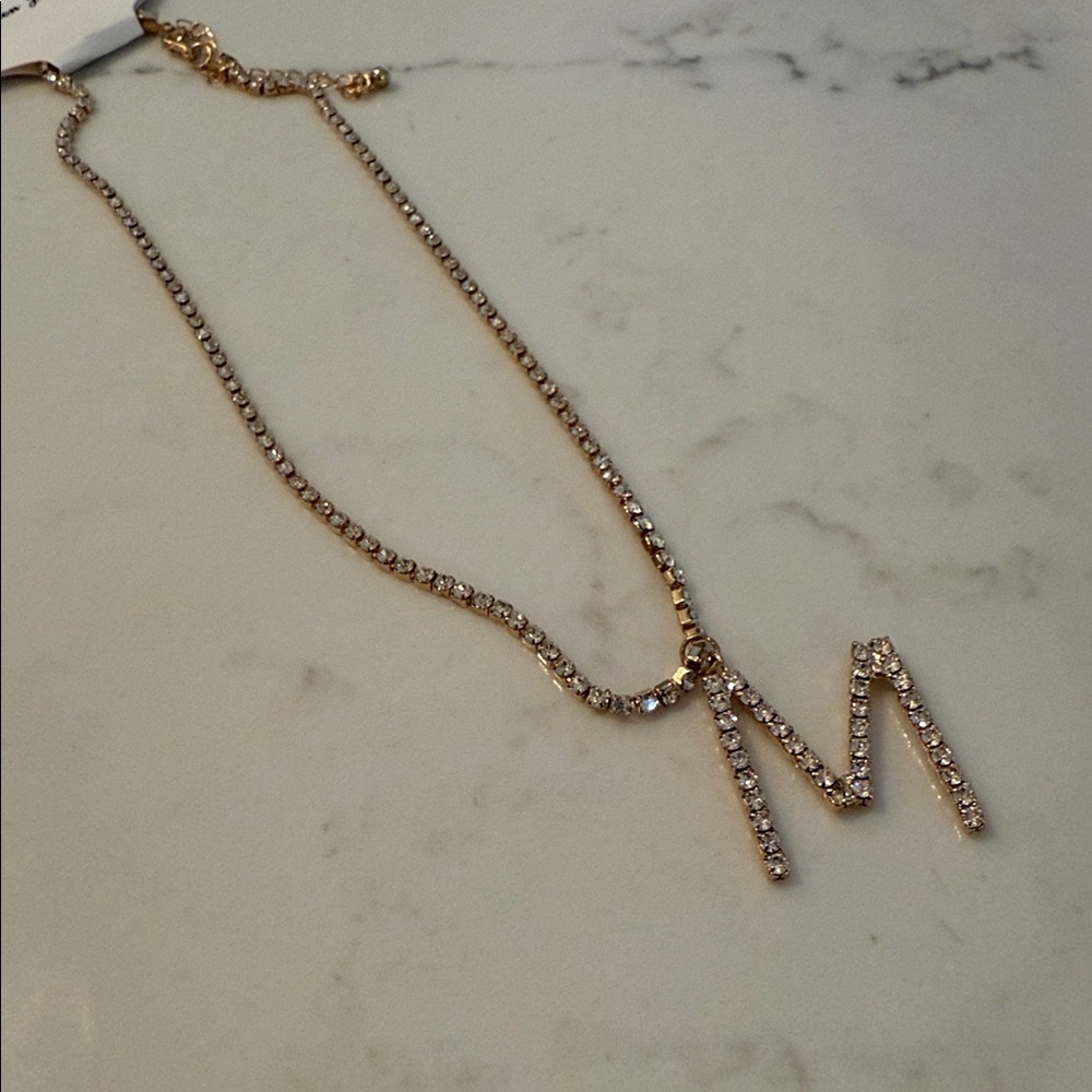 Gold Necklace with Rhinestone 'M' Pendant